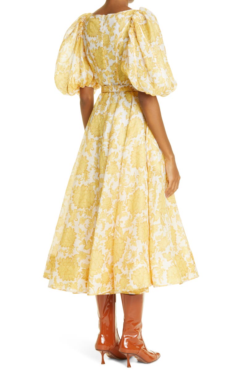 Zimmermann Postcard Puff Sleeve Belted Linen & Silk Midi Dress, Alternate, color,