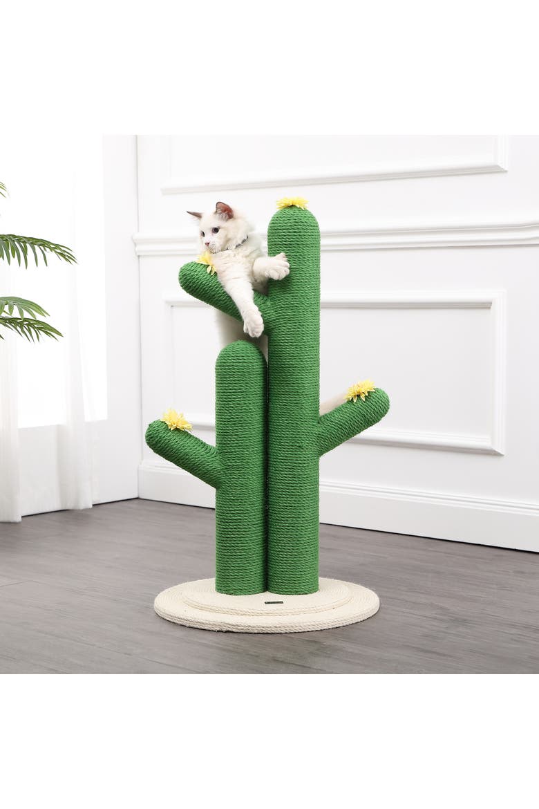 Socorro 34.25" Modern Jute Double-Cactus Cat Scratching Post with Flower Toys, Alternate, color, Green