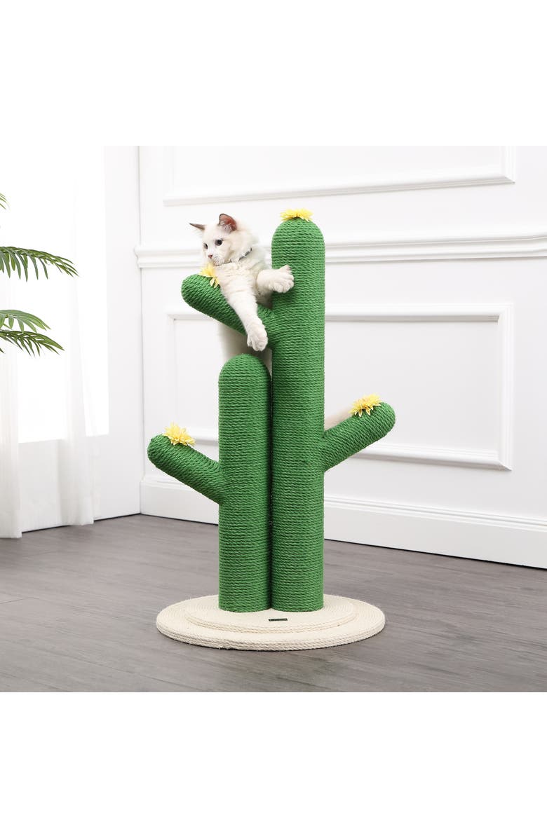 The Licker Store Socorro 34.25" Modern Jute Double-Cactus Cat Scratching Post with Flower Toys, Alternate, color, Green