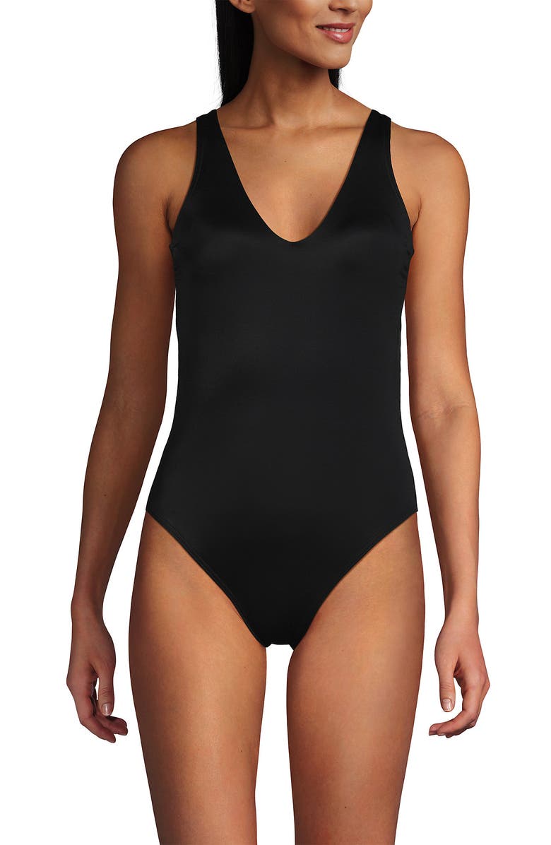 Lands' End Tugless V-Neck High Leg One Piece Swimsuit, Alternate, color, Black