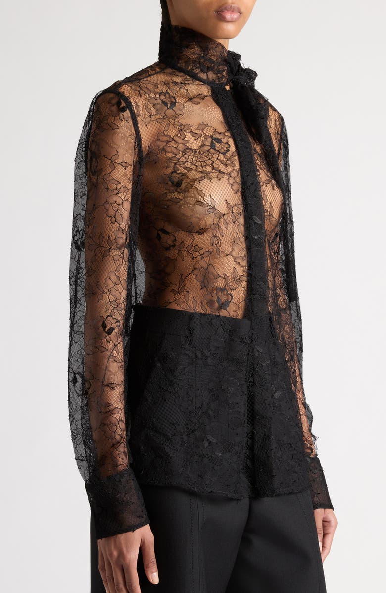 Valentino Garavani Sheer Floral Lace Tie Neck Shirt, Alternate, color, 