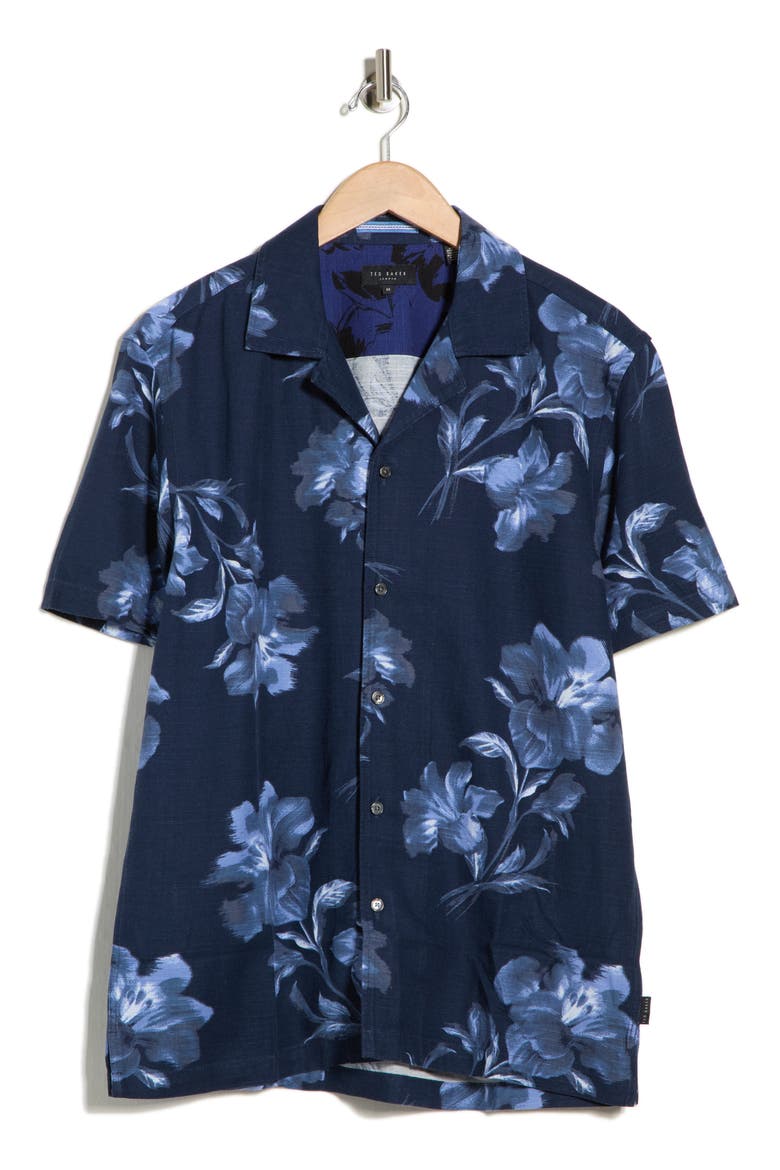 Floral Short Sleeve Button-Up Shirt, Alternate, color, BLUE NIGHTS