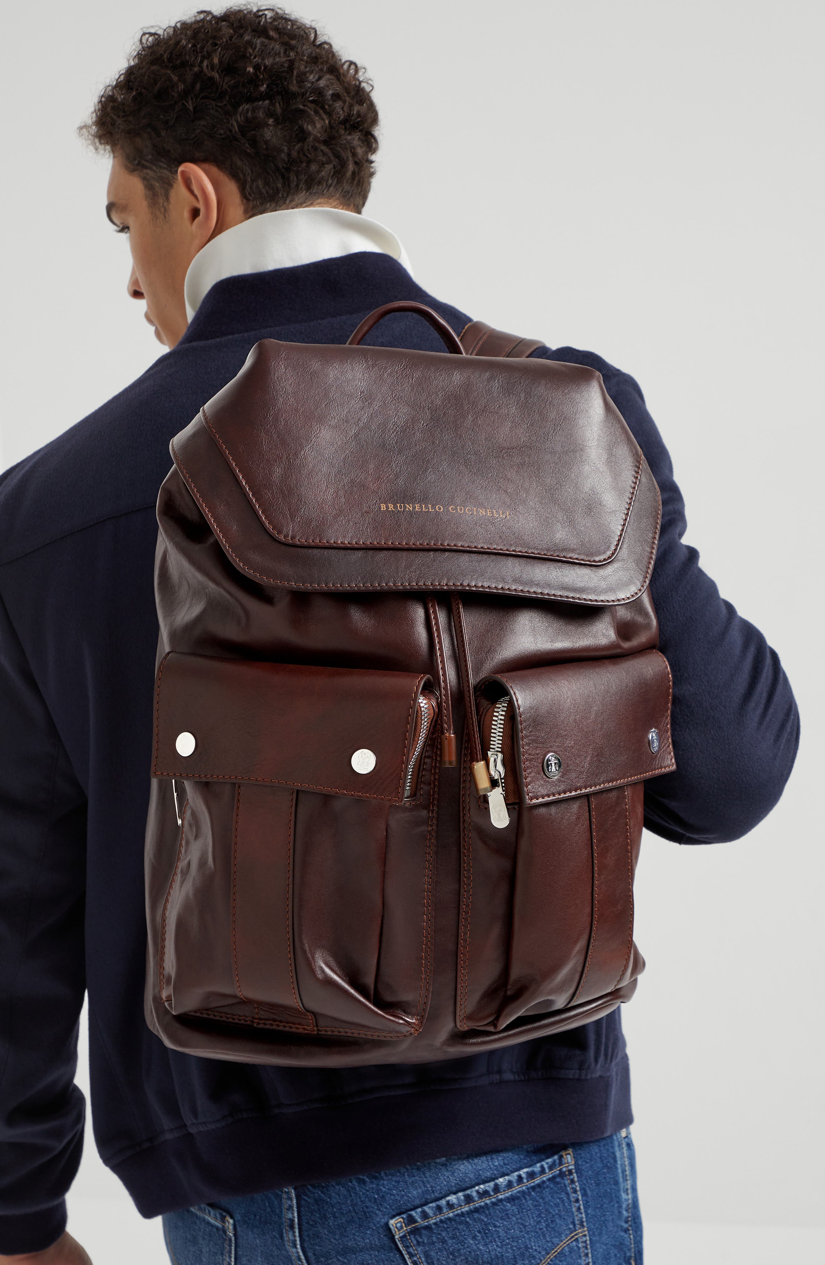 Brunello Cucinelli Calfskin leisure backpack, Alternate, color, Burgundy