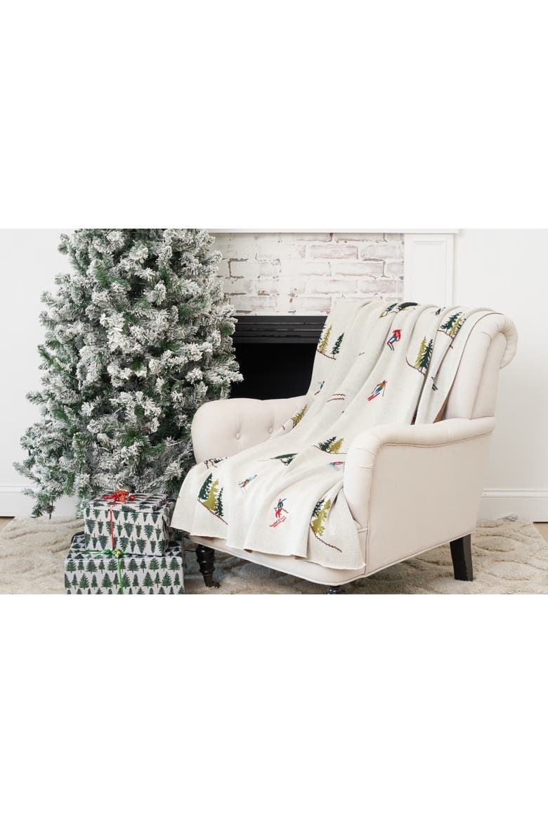 Alpine Skiers Winter Sports Christmas Woven Throw Blanket, Alternate, color, Beige