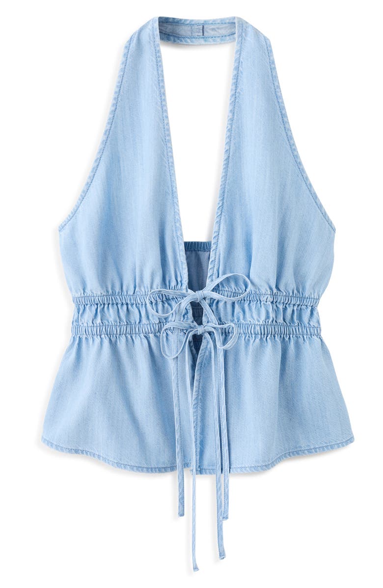 MANGO Eva Tie Front Halter Denim Top, Alternate, color, Light Blue