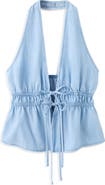 MANGO Eva Tie Front Halter Denim Top