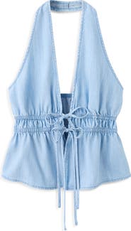 MANGO Eva Tie Front Halter Denim Top