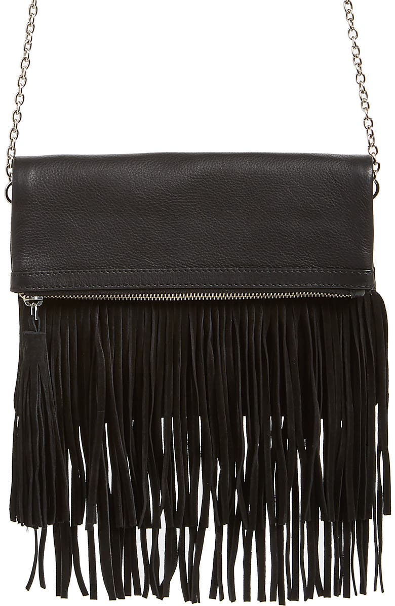 Ten79LA Fringe Leather Foldover Crossbody Bag, Main, color,