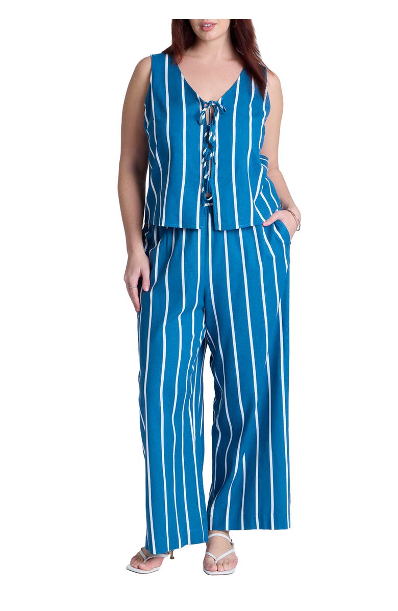 ELOQUII Wide Leg Striped Linen Blend Pant, Main, color, Mykonos Blue Stripe