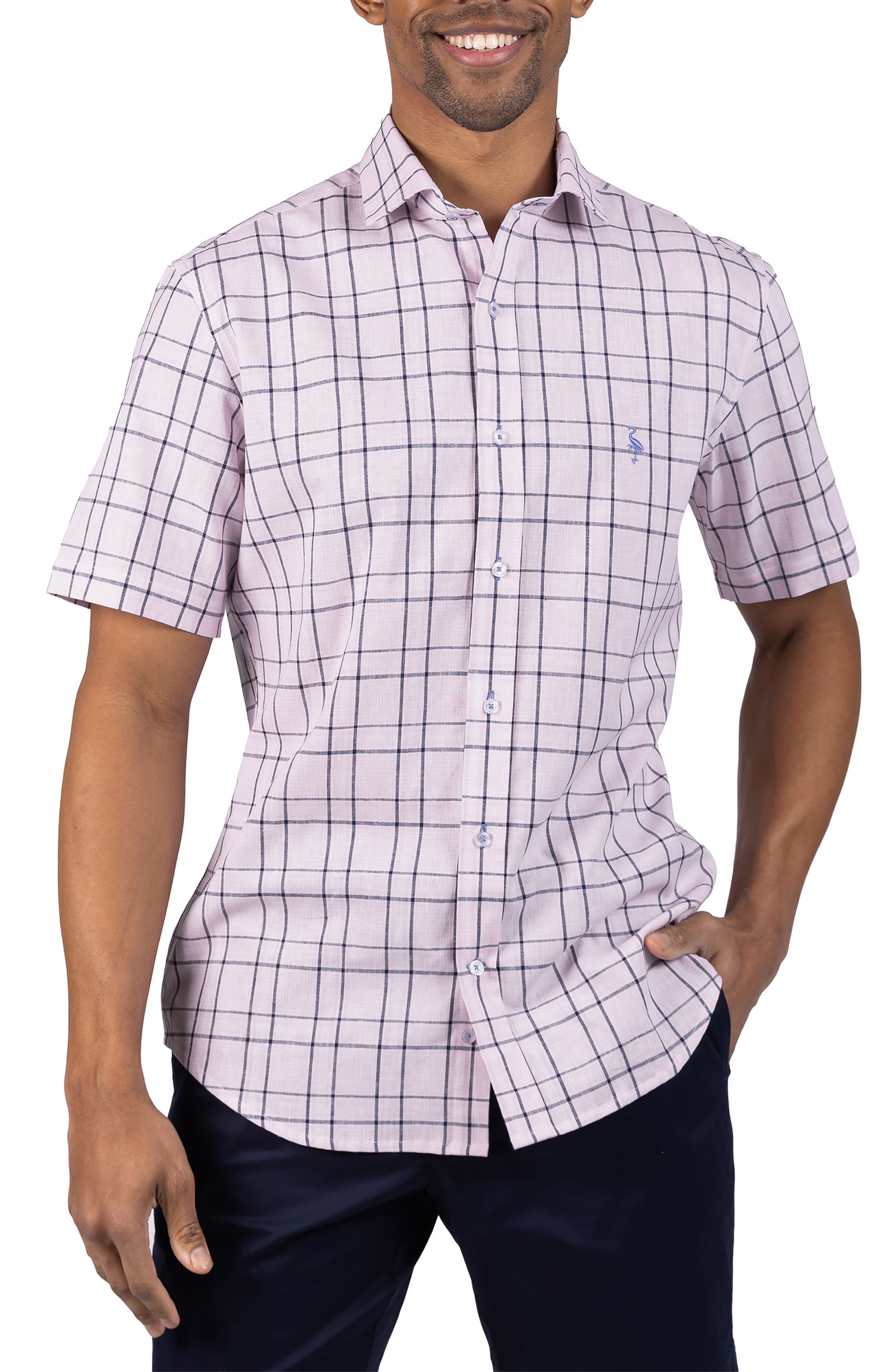 TailorByrd Large Check Yarn Dyed Short Sleeve Linen & Cotton Blend Button-Up Shirt