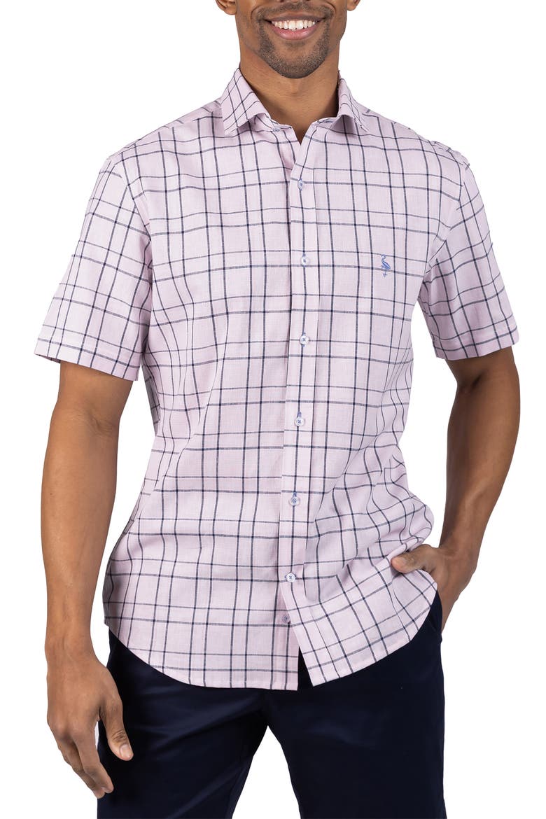 Large Check Yarn Dyed Short Sleeve Linen & Cotton Blend Button-Up Shirt, Main, color, PINK