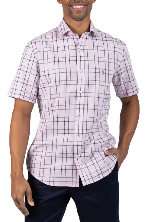 Large Check Yarn Dyed Short Sleeve Linen & Cotton Blend Button-Up Shirt