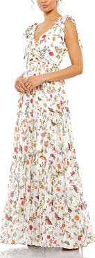 Mac Duggal Floral Print Sleeveless Soft Tie Shoulder Gown