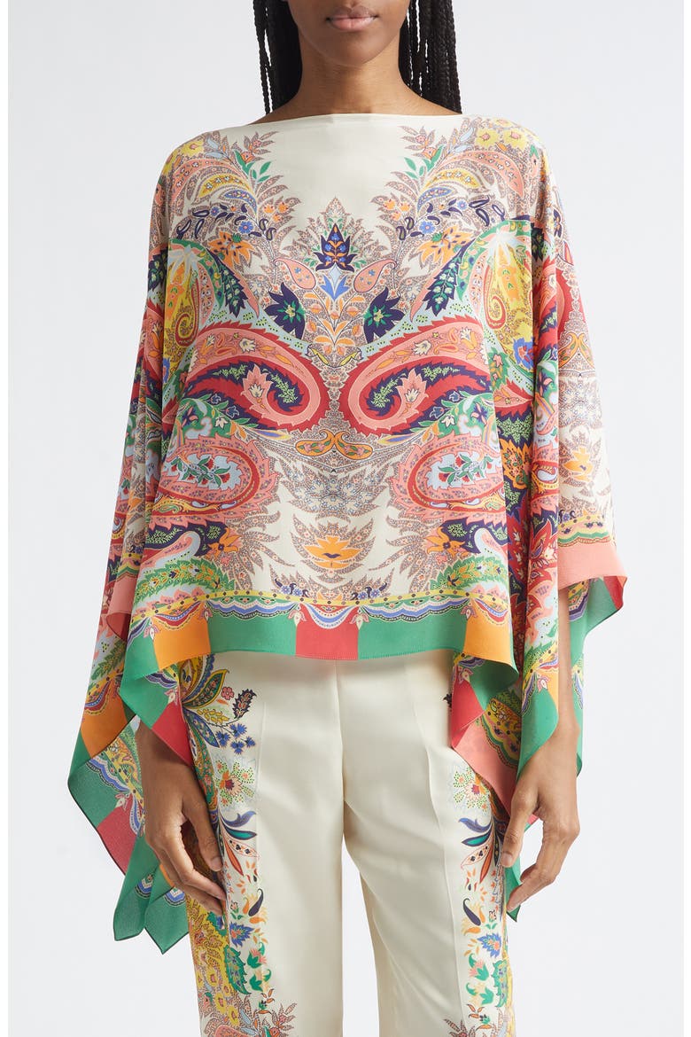Print Silk Chiffon Poncho, Main, color, PRINT ON WHITE BASE