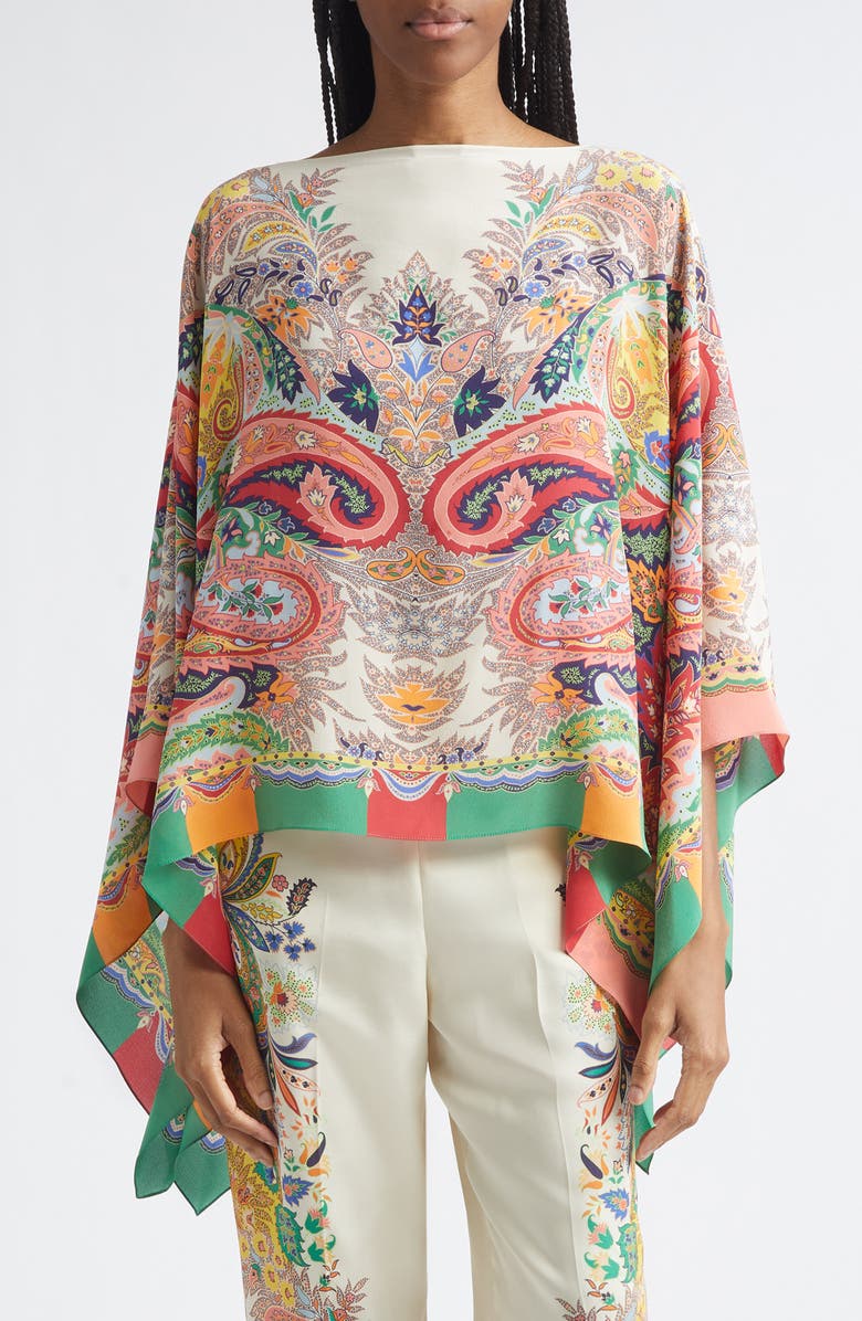 Etro Print Silk Chiffon Poncho, Main, color, Print On White Base