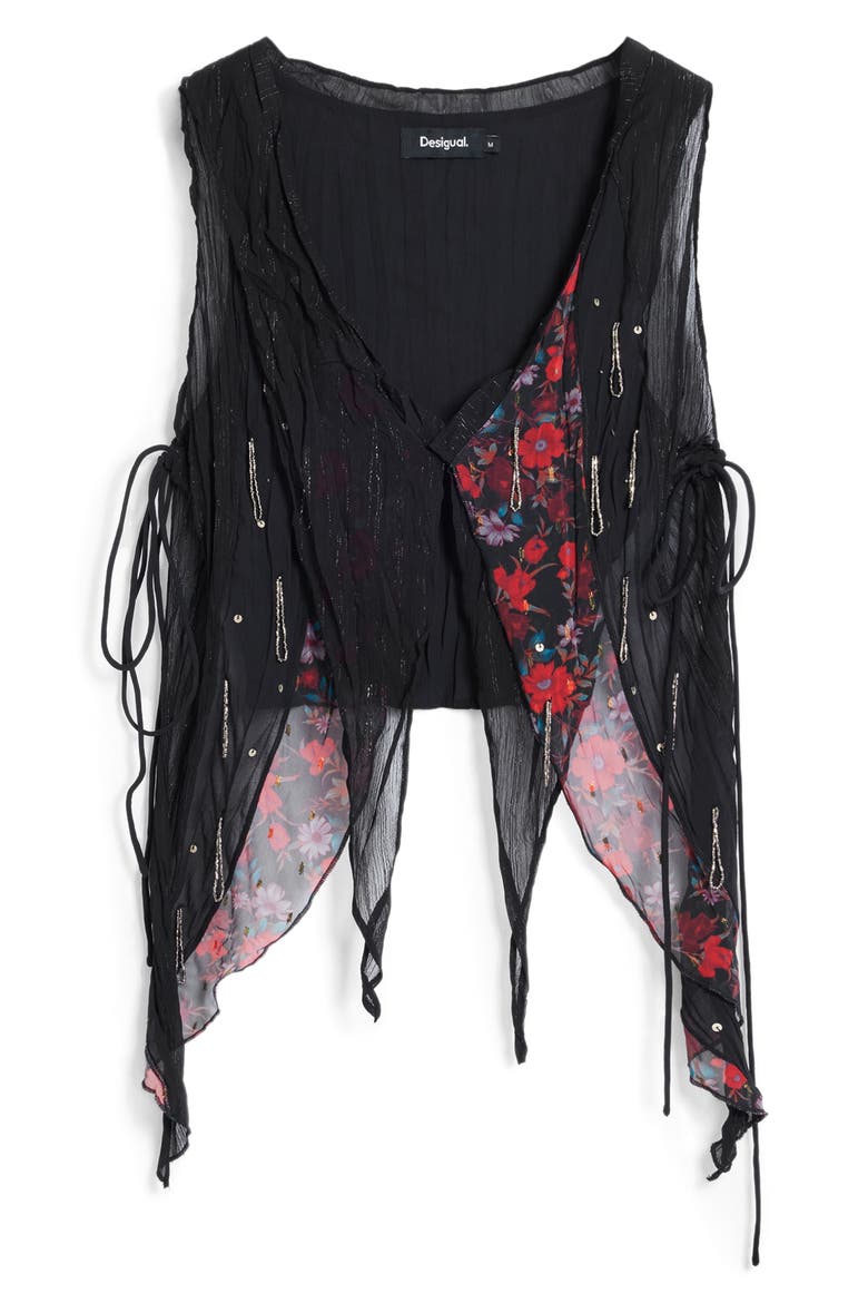 Floral Embellished Asymmetric Sleeveless Top, Alternate, color, BLACK