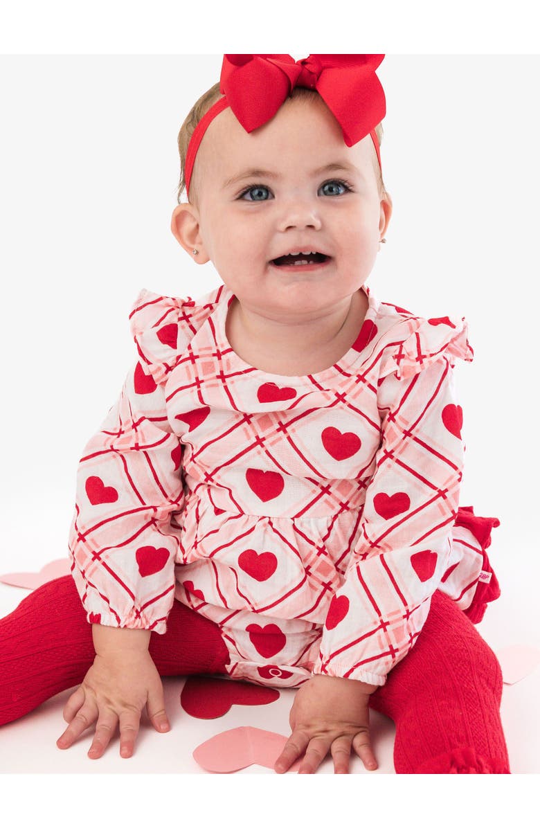 RuffleButts Cotton Gauze Long Sleeve Flutter Bubble Romper, Alternate, color, Pink Sweetheart Plaid