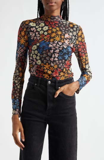Farm Rio Jujus Garden Mesh Mock Neck Top In Blue
