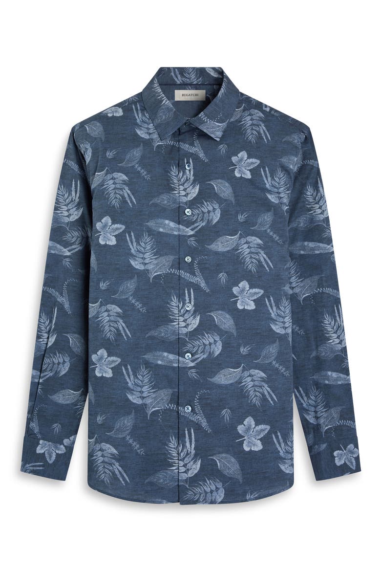 Julian Shaped Fit Leaf Print Stretch Cotton Button-Up Shirt, Alternate, color, NAVY