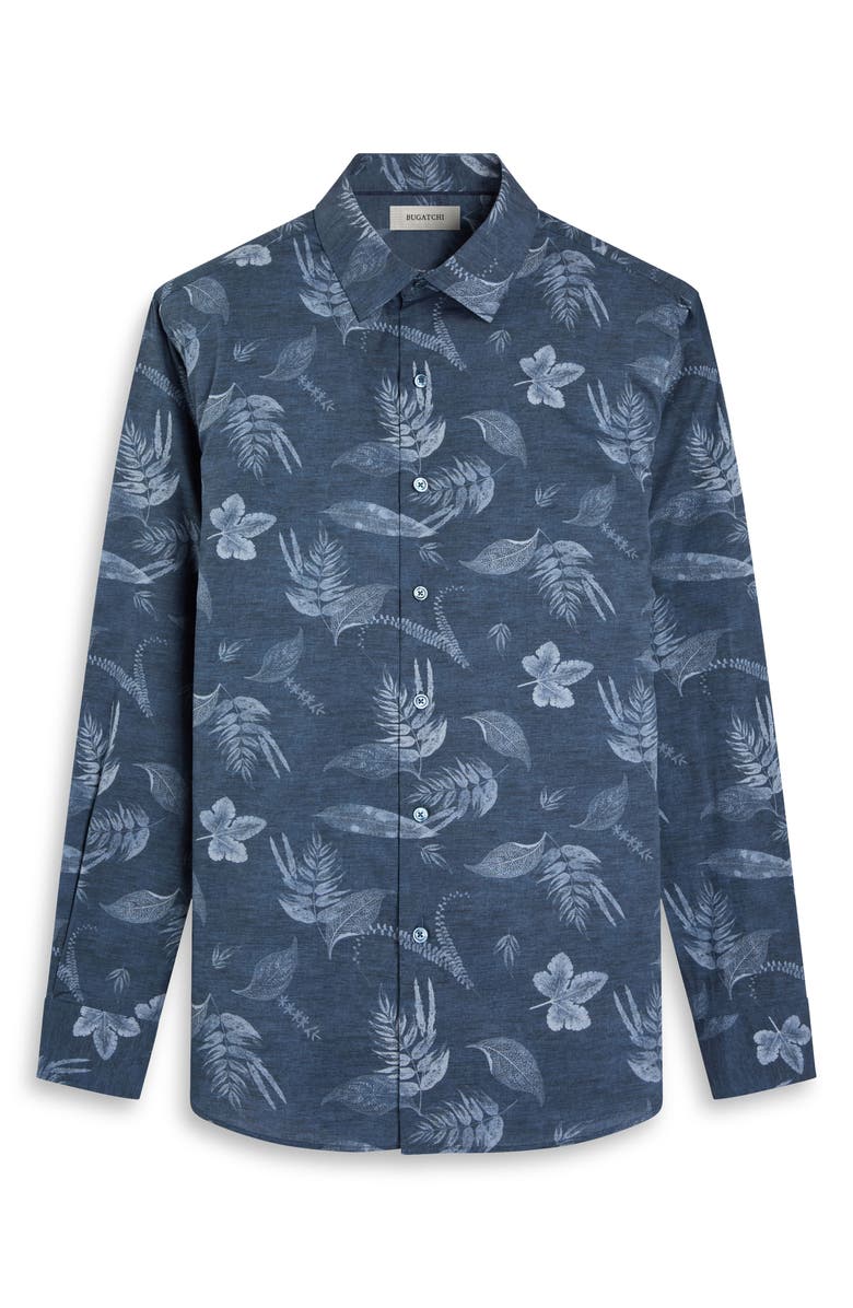 Bugatchi Julian Shaped Fit Leaf Print Stretch Cotton Button-Up Shirt, Alternate, color, Navy