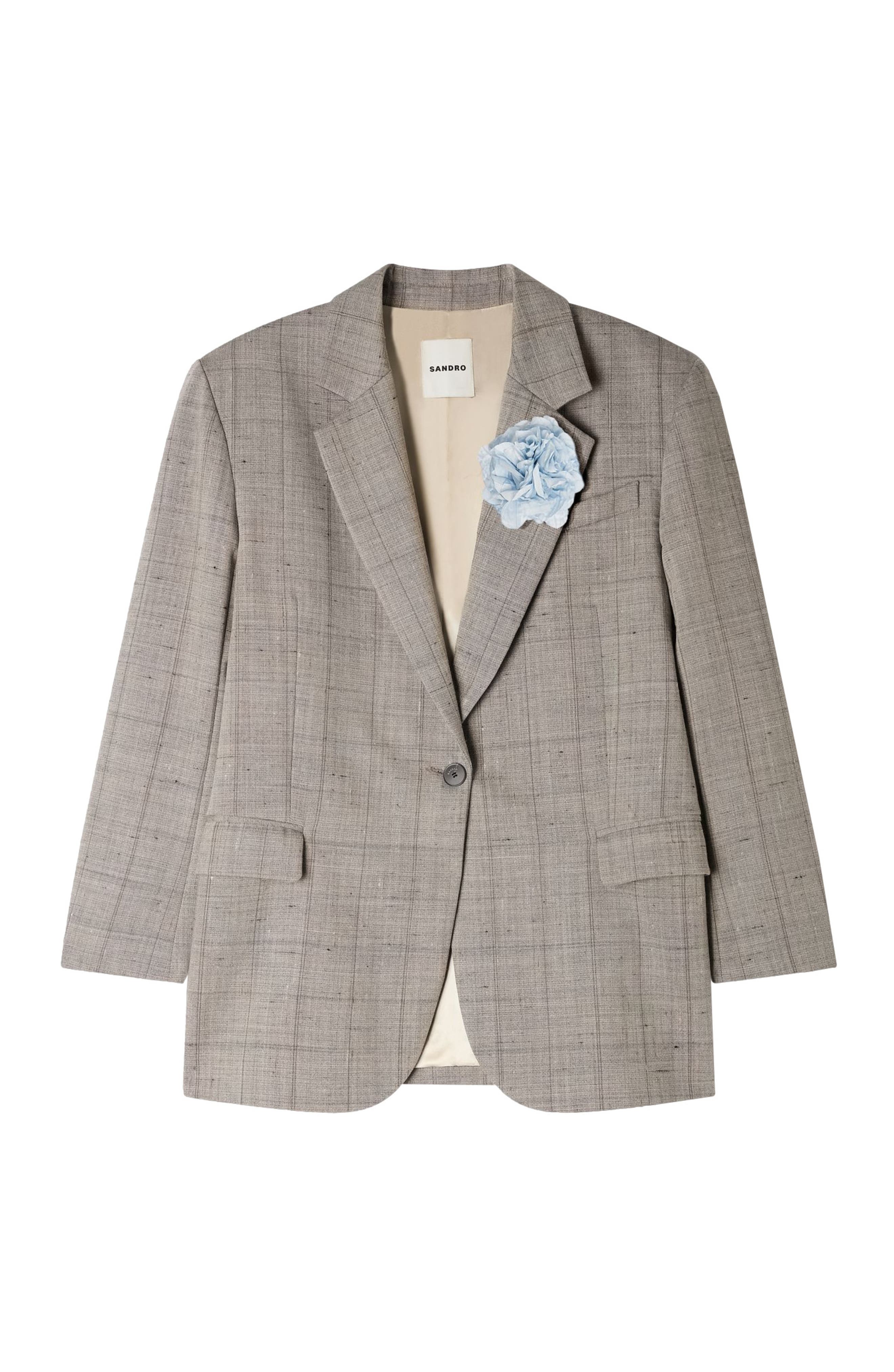 SANDRO Check wool jacket with brooch (Women) | Nordstrom