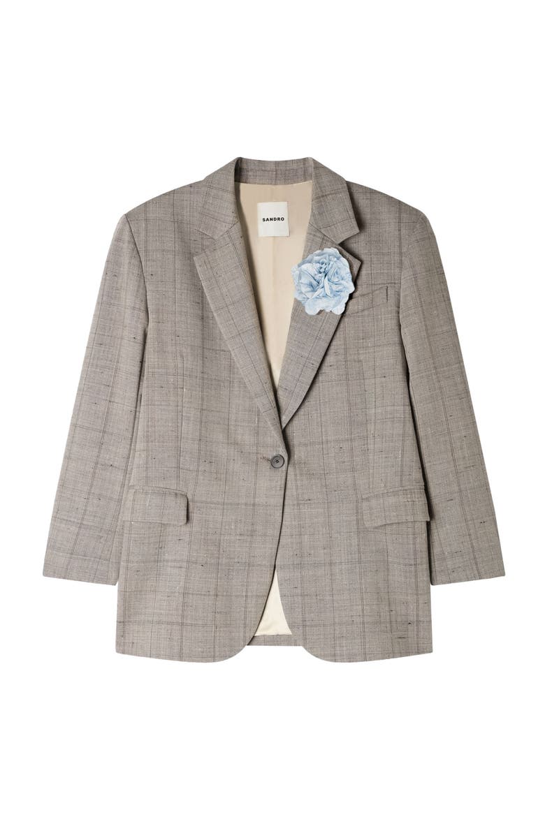 Check wool jacket with brooch, Alternate, color, Greige