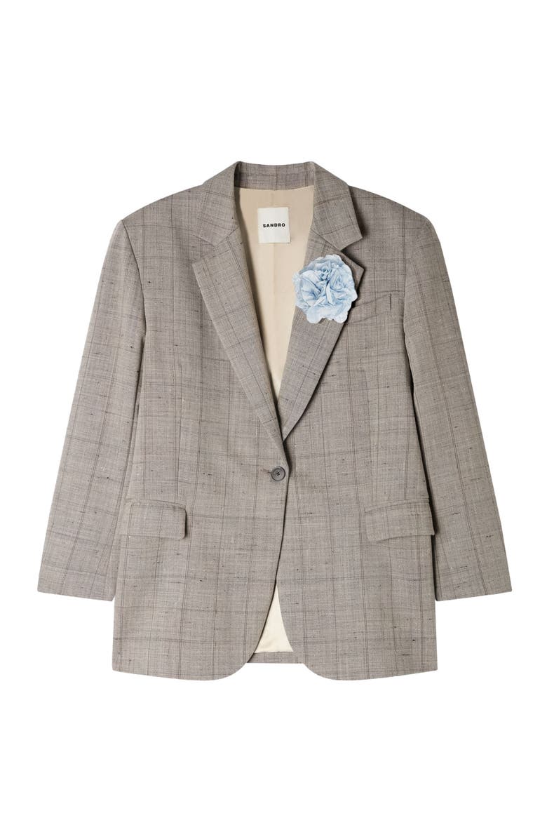 SANDRO Check wool jacket with brooch, Alternate, color, Greige