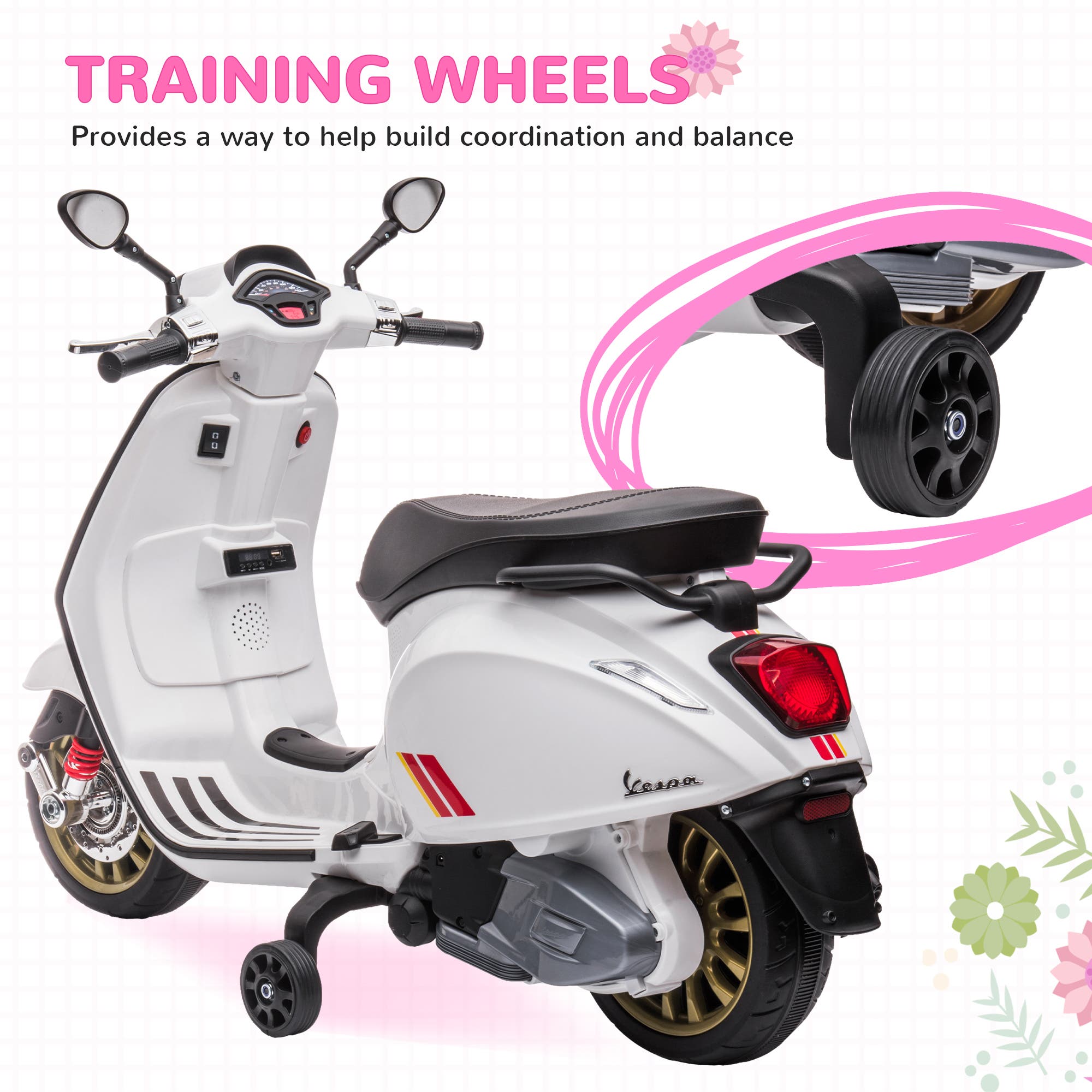 Vespa 6V Kids Electric Motorcycle with Music, FM Radio, Headlight
