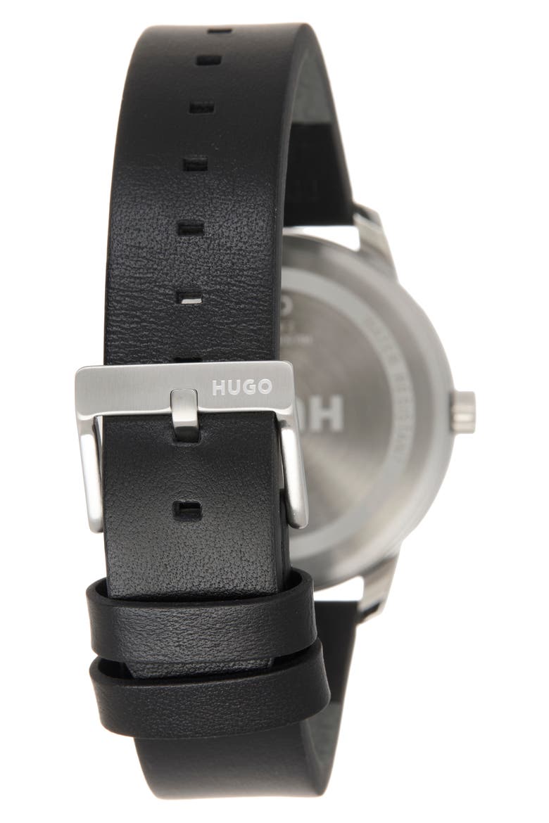 Stamp Leather Strap Watch, 42mm, Alternate, color, BLACK