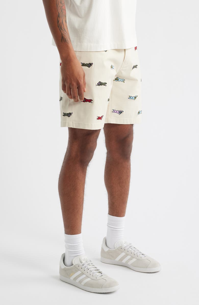 ICECREAM Universe Embroidered Flat Front Cotton Shorts, Alternate, color, Fog