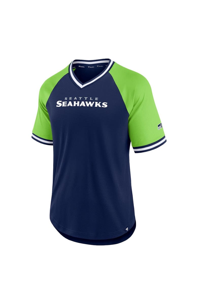 FANATICS Men's Fanatics Branded College Navy/Neon Green Seattle Seahawks Second Wind Raglan V-Neck T-Shirt, Alternate, color, Navy