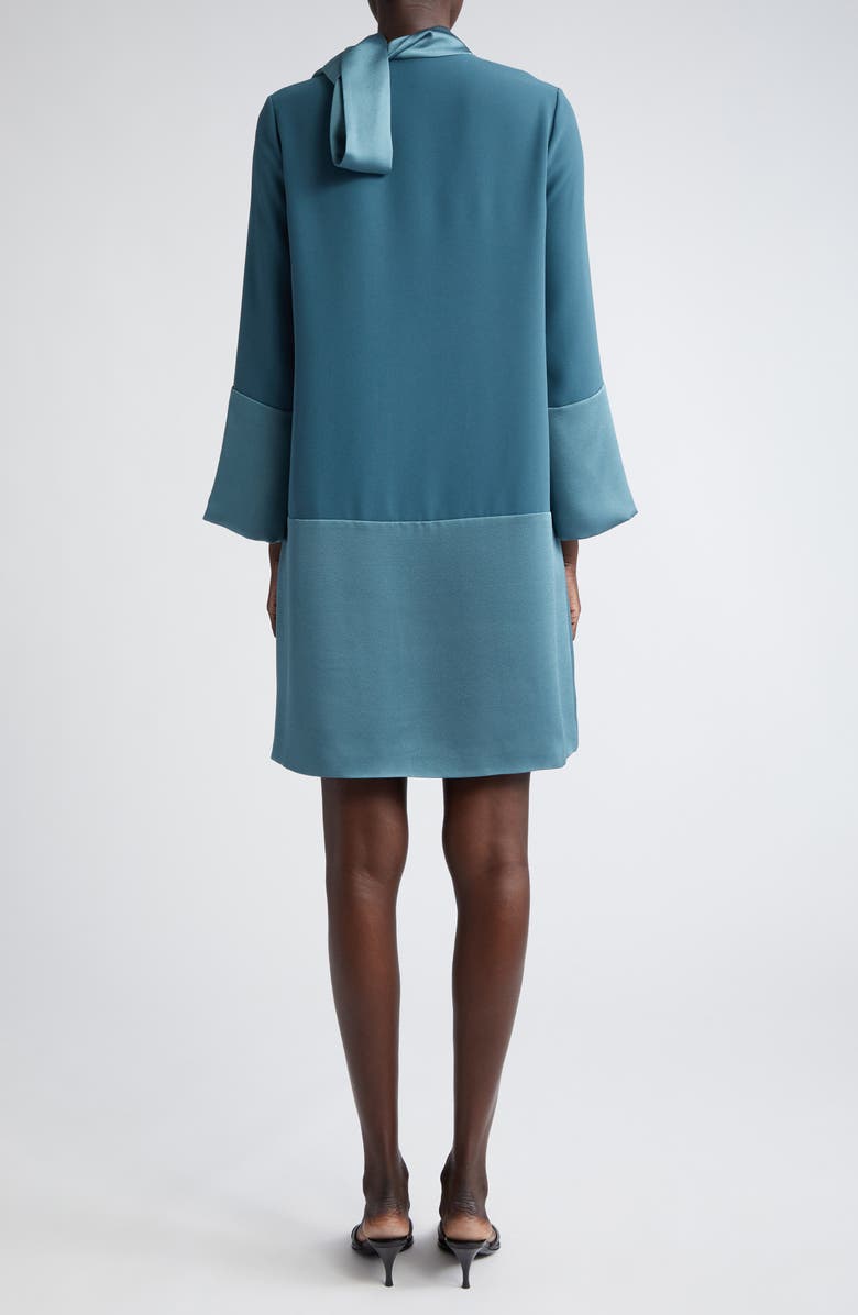 ST. JOHN Scarf Neck Long Sleeve Crepe Back Satin Shift Dress, Alternate, color, Prussian Blue