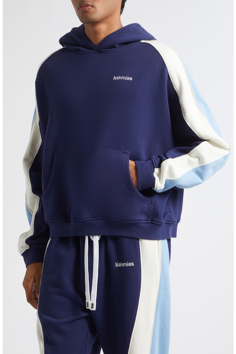 Ollie Paneled Cotton Hoodie, Alternate, color, WORN NAVY