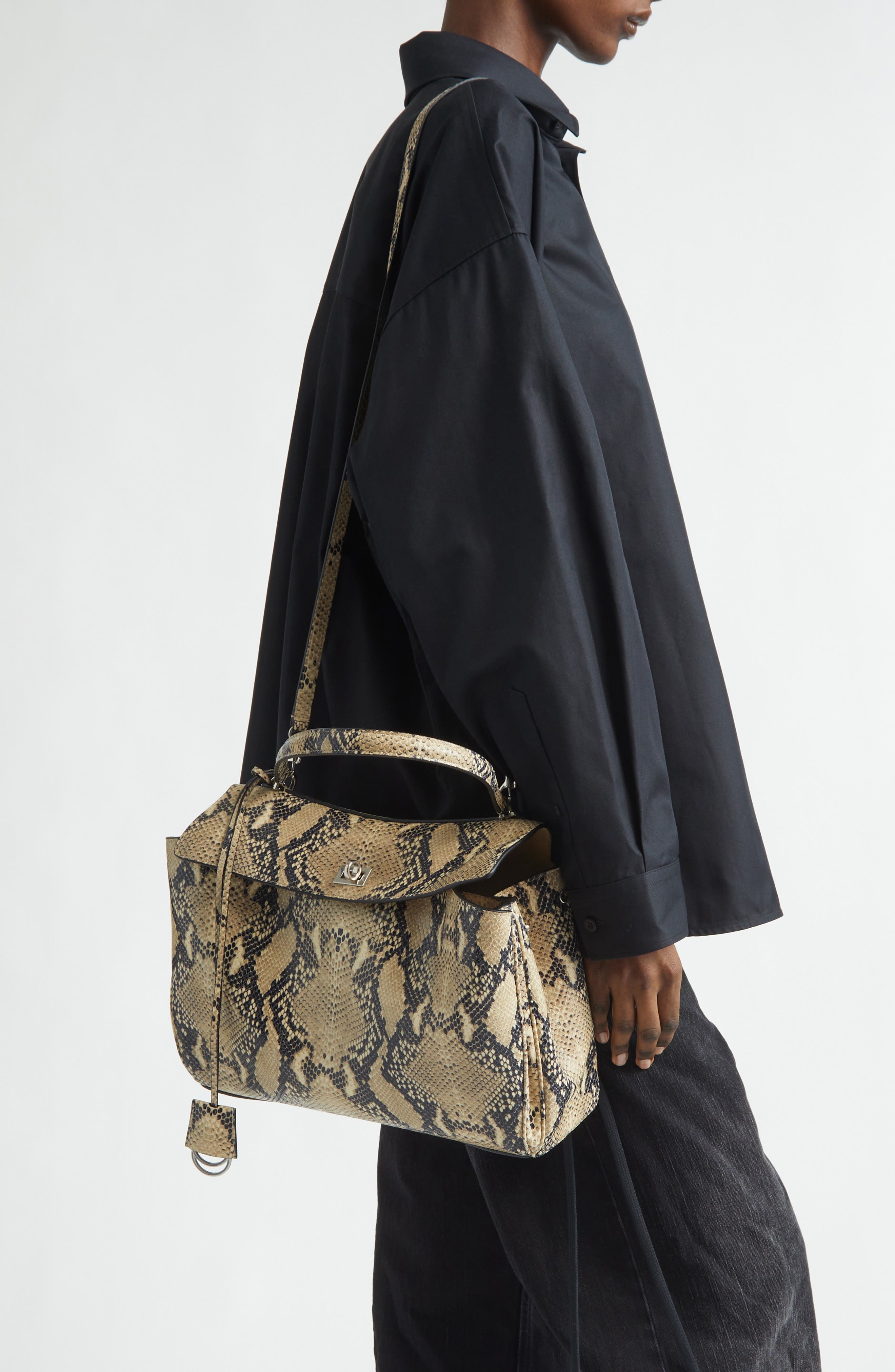 Balenciaga Medium Rodeo Python Print Leather Top Handle Bag, Alternate, color, Natural