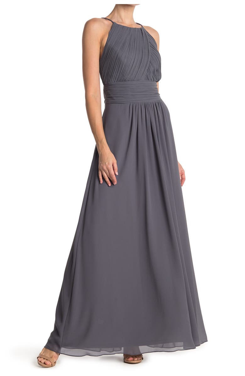 #Levkoff Low Back Pleat Chiffon A-Line Gown, Main, color, 