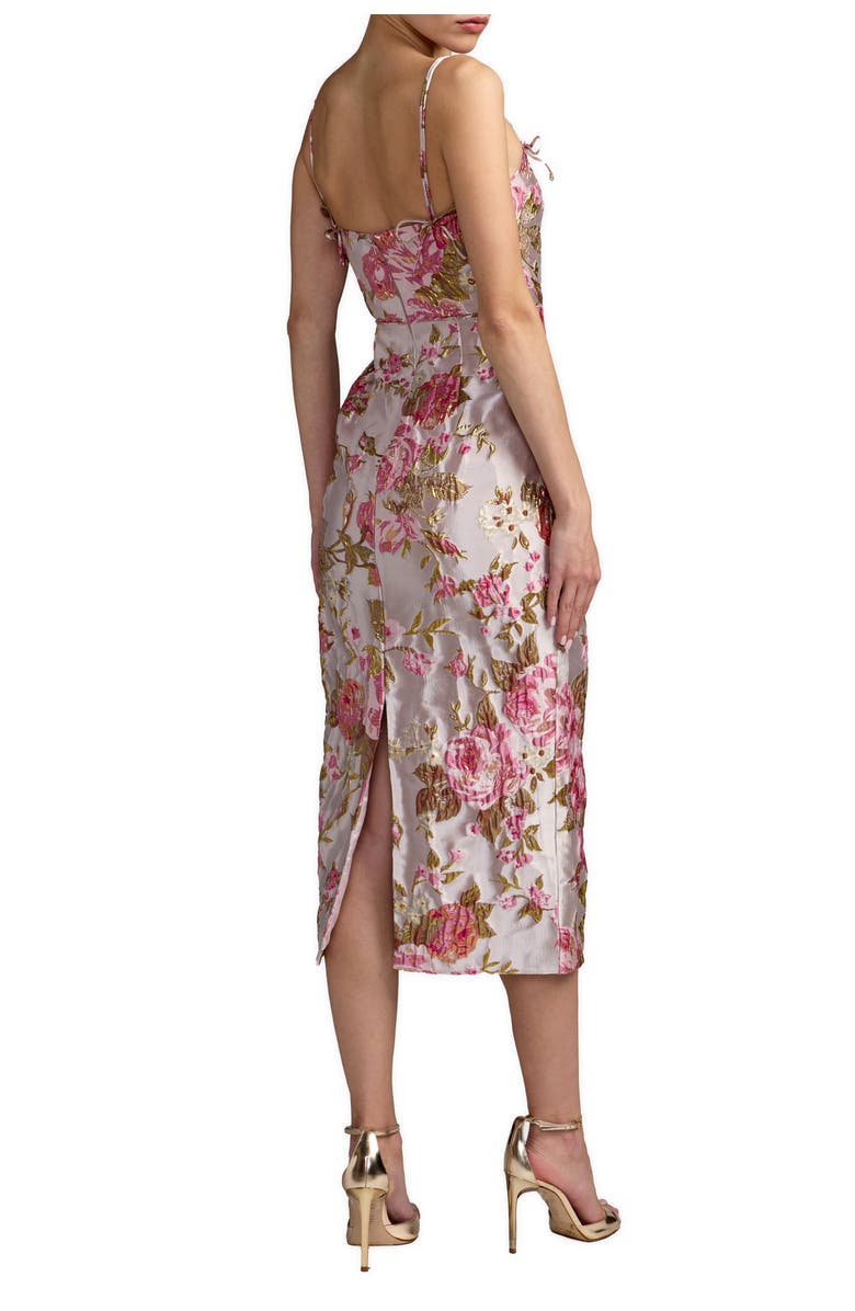 Mac Duggal Petite Floral Brocade Midi Dress with Bow Tie Straps, Alternate, color, Pink Multi
