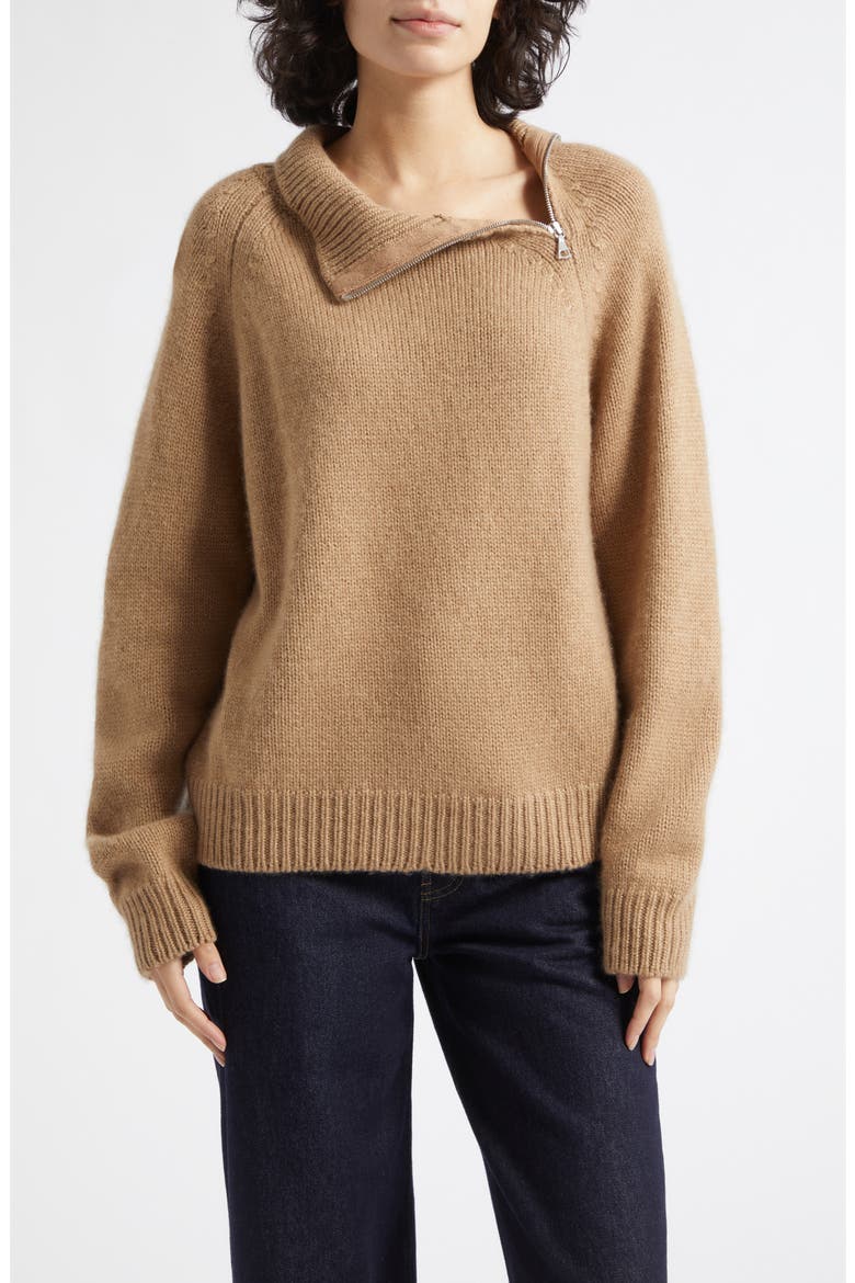 Millis Asymmetric Cashmere & Cotton Quarter Zip Sweater, Main, color, PALETTE CAMEL