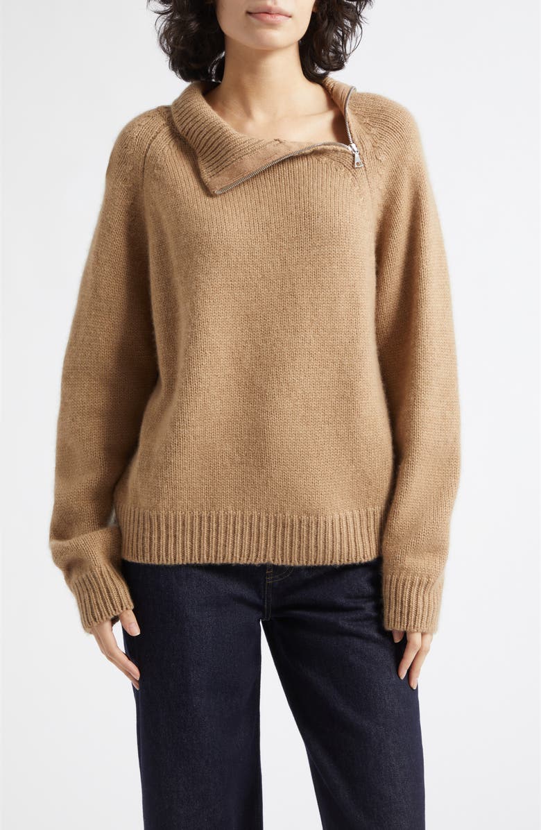 Johnstons of Elgin Millis Asymmetric Cashmere & Cotton Quarter Zip Sweater, Main, color, Palette Camel