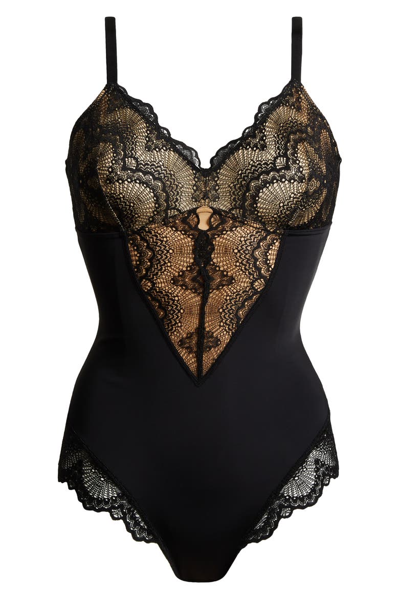 Sculpting Lace Shapewear Bodysuit, Alternate, color, BLACK