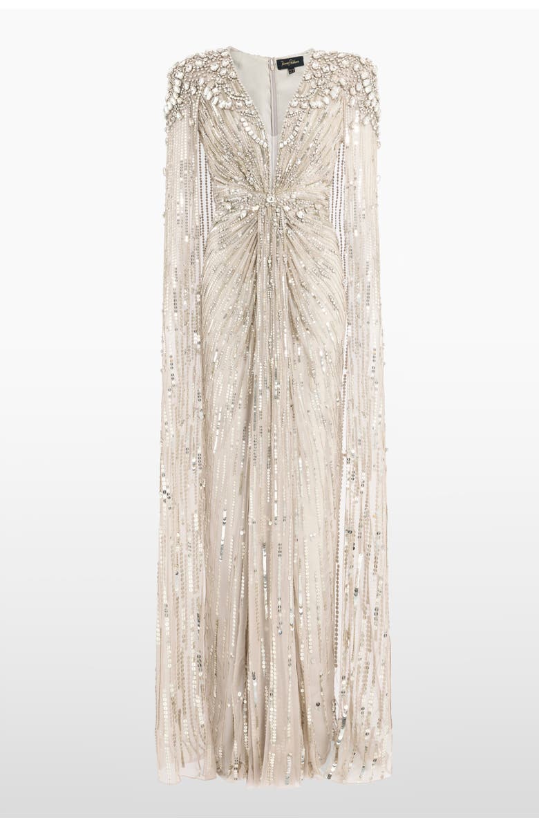 Jenny Packham Lotus Lady Sequin-Embellished Cape Gown, Main, color, Platinum