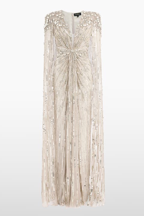 Lotus Lady Sequin-Embellished Cape Gown