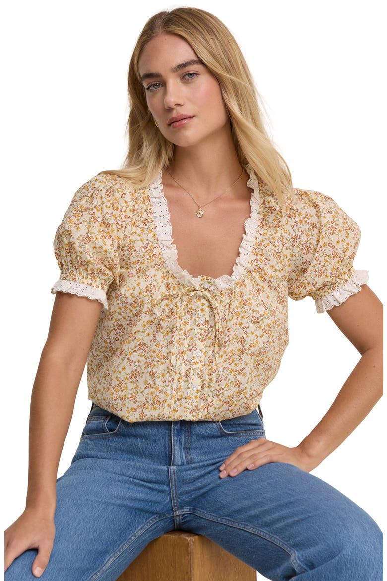 Lumi Floral Eyelet Trim Button-Up Top, Alternate, color, YELLOW