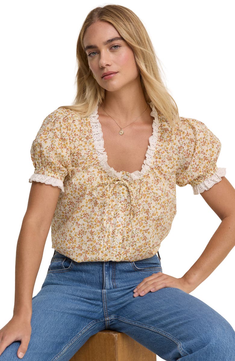 Nobody's Child Lumi Floral Eyelet Trim Button-Up Top, Alternate, color, Yellow