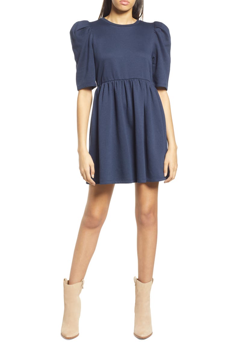 Puff Sleeve Organic Cotton & Recycled Polyester Minidress, Main, color, NAVY BLAZER