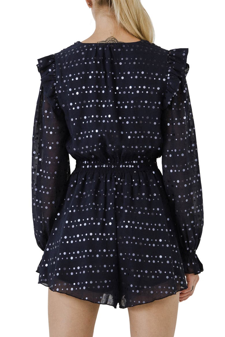 Dot Print Long Sleeve Chiffon Romper, Alternate, color, NAVY