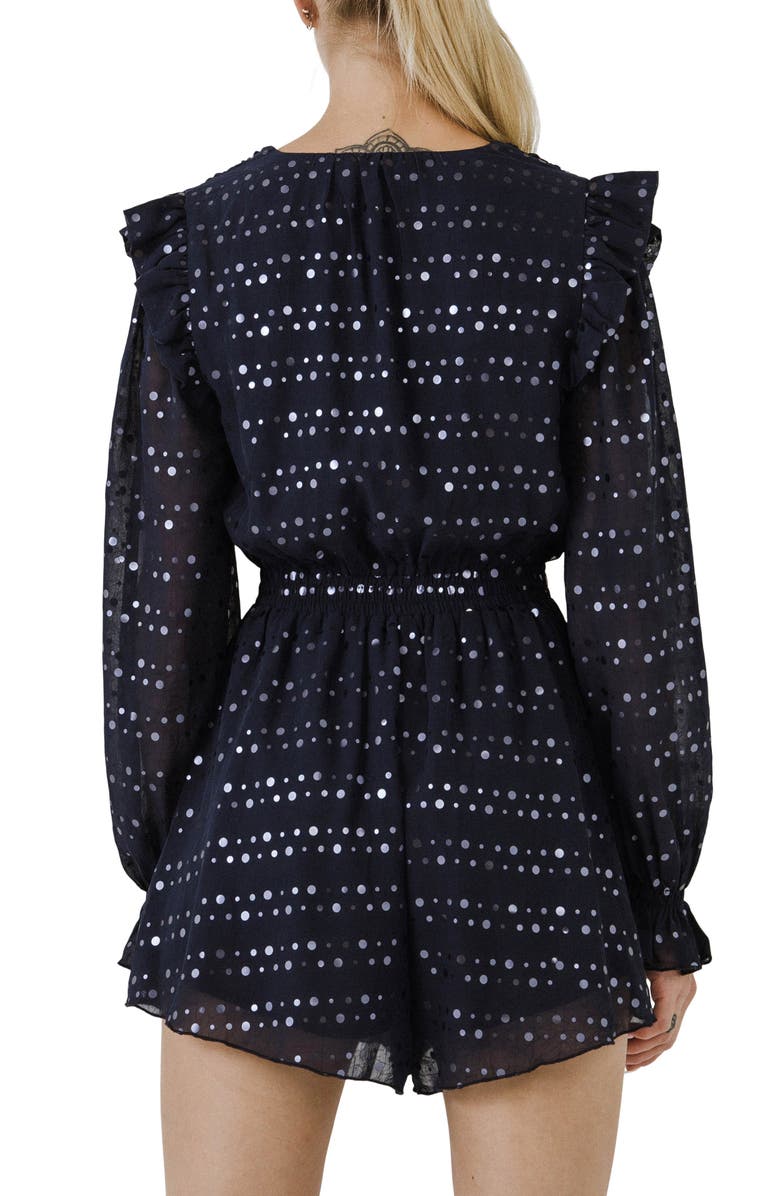 Endless Rose Dot Print Long Sleeve Chiffon Romper, Alternate, color, Navy