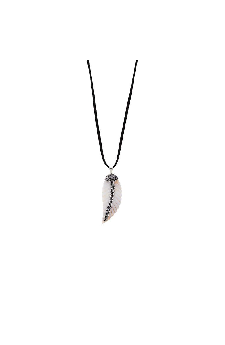 BY ADINA EDEN Onyx CZ & Pearl Lined Feather Charm Necklace, Main, color, Black