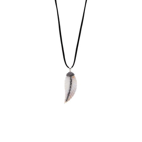 Onyx CZ & Pearl Lined Feather Charm Necklace
