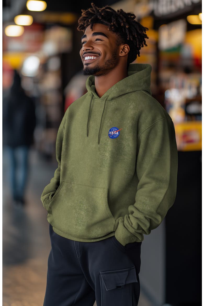 NASA Mineral Wash Hoodie Dalix NASA Embroidered Fleece Hoodie Mineral Wash Long Sleeve Sweatshirt Me, Alternate, color, Olive