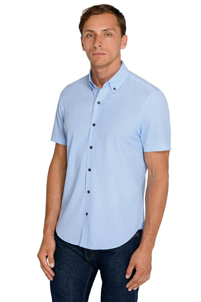 Geometric Short Sleeve Button-Up Shirt, Alternate, color, WHITE/ BLUE